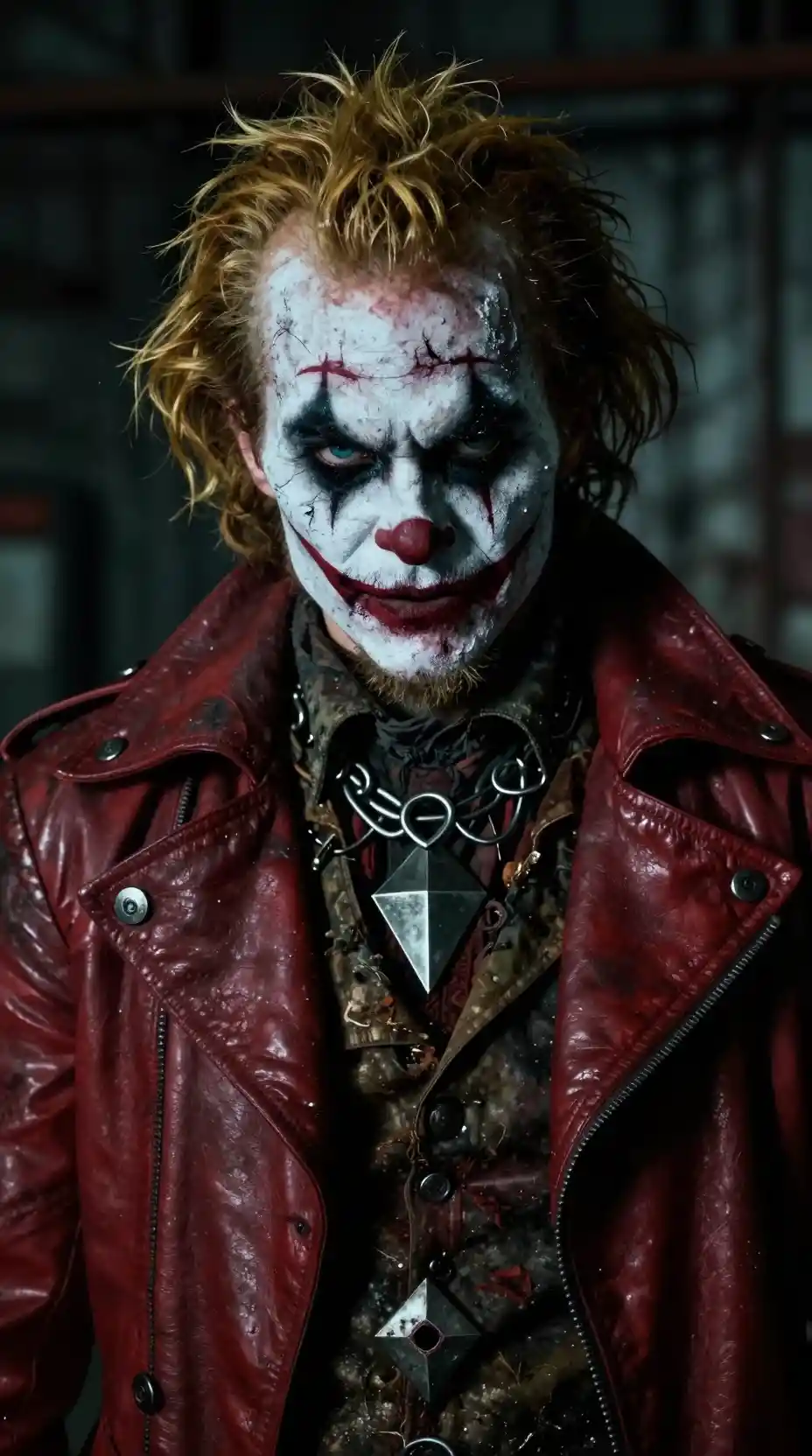 Menacing punk clown antihero in industrial close up portrait