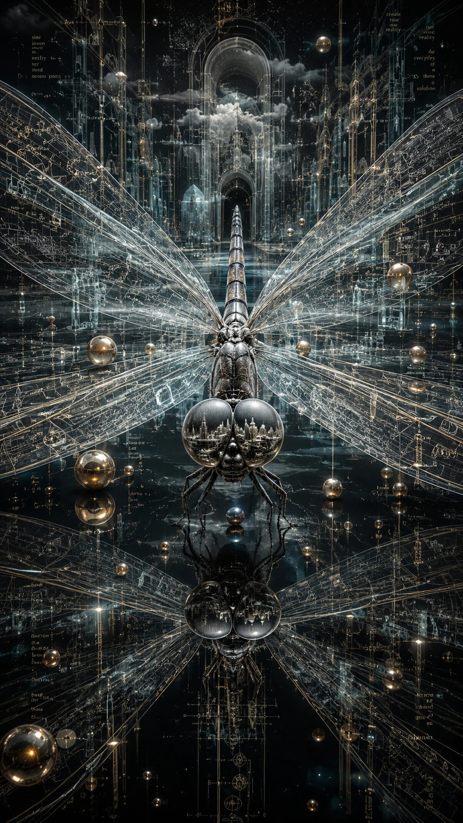 Dragonfly Hovering Above Black Reflective Water In Surreal Space