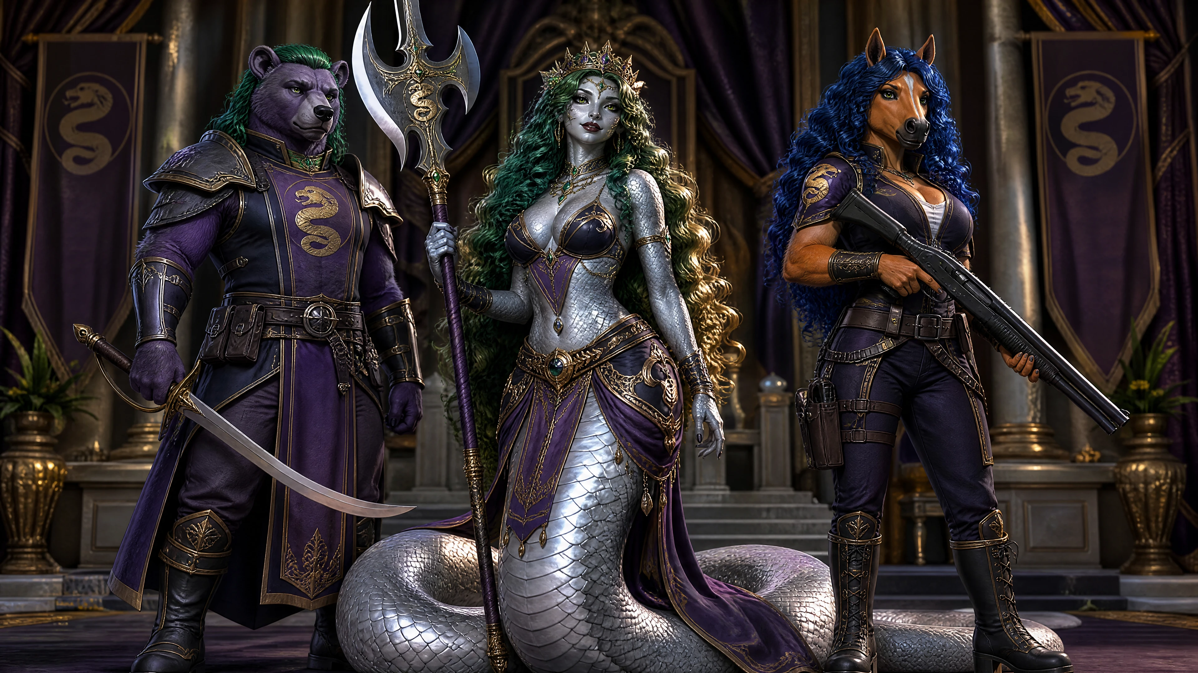 Regal silver lamia queen with ornate royal garments