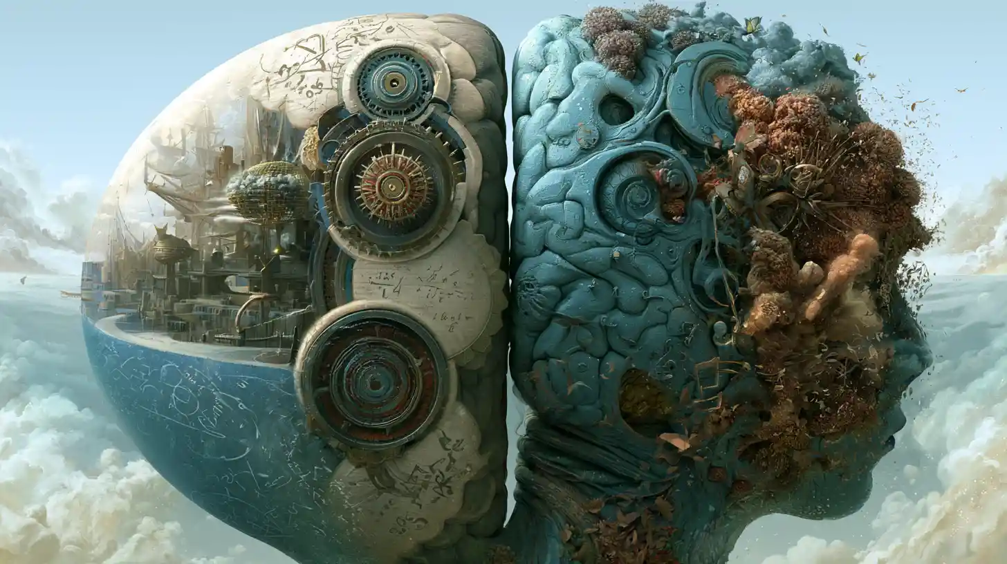 Fantasy brain hemispheres blending science and creativity