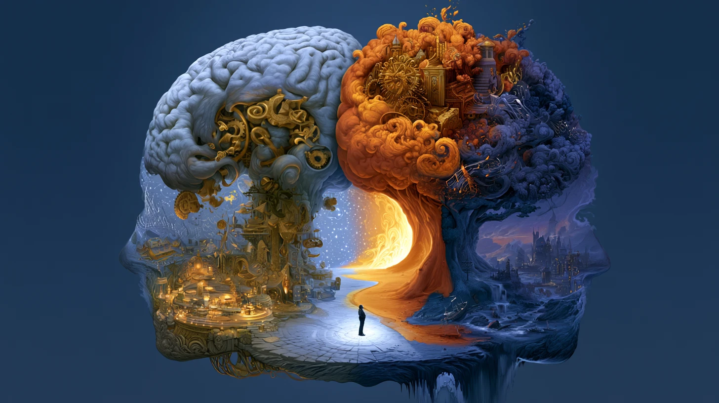 Fantasy brain hemispheres blending logic and creativity