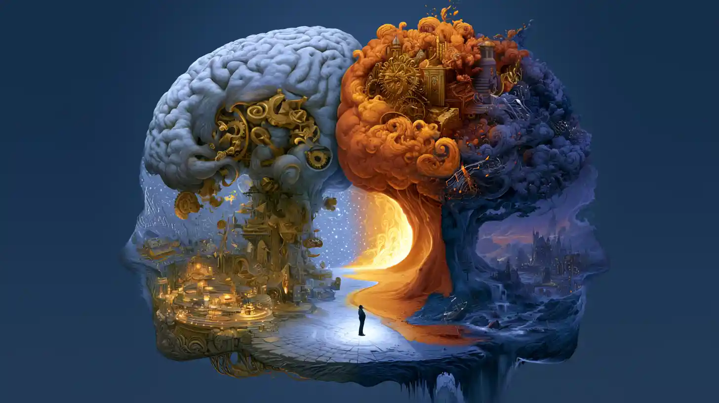 Fantasy brain hemispheres blending logic and creativity