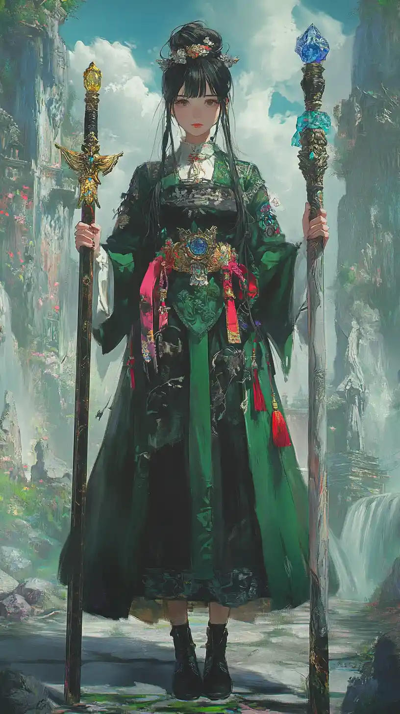 Anime girl with rifle in layered green outfit