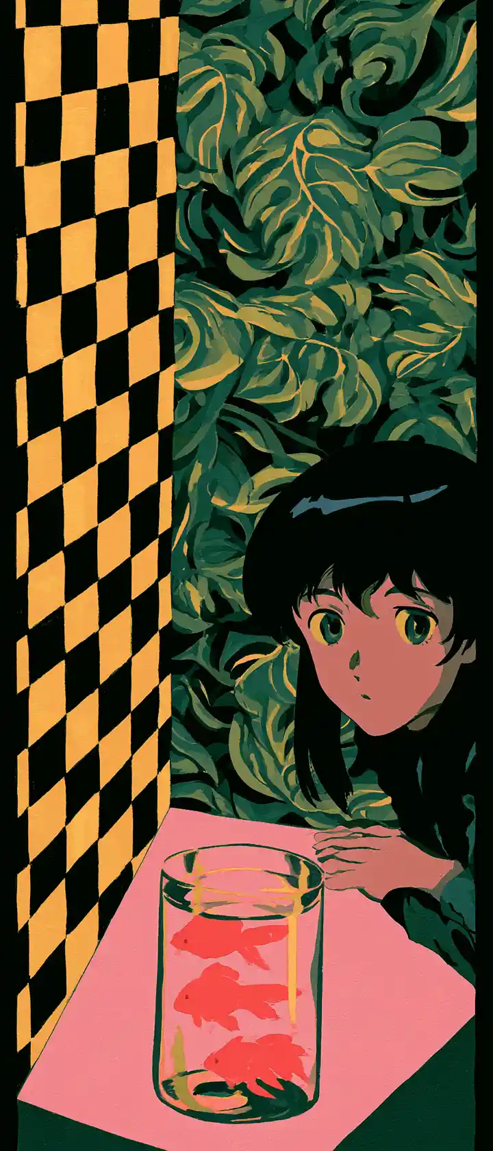 Anime girl contemplating goldfish at a pink abstract table