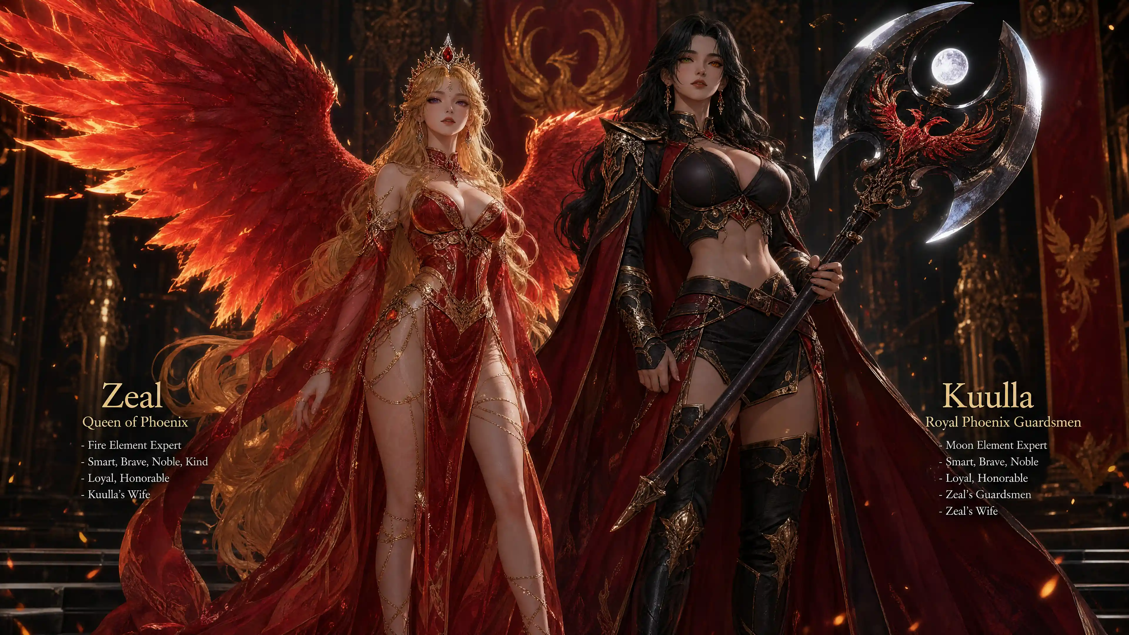 Phoenix queen with blazing red wings and golden hair