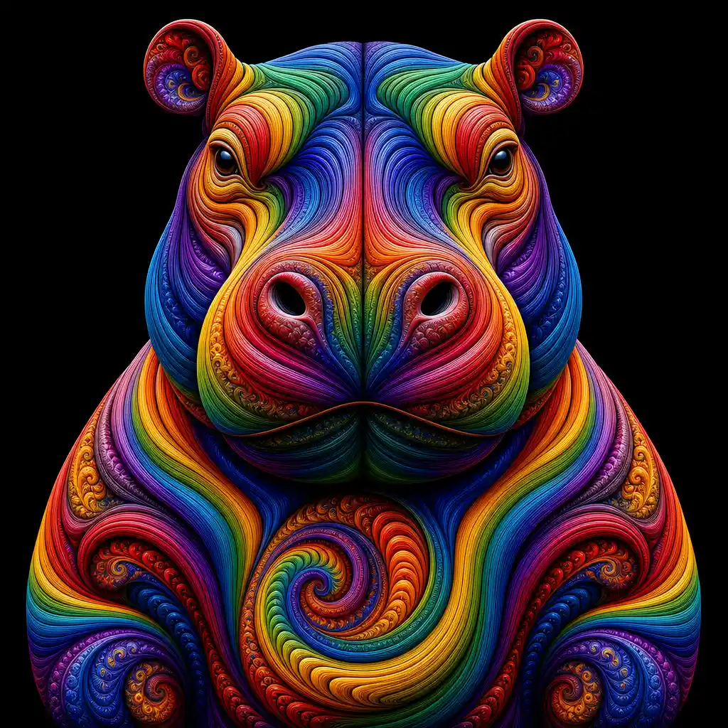 Colorful abstract hippo made of swirling rainbow ribbons