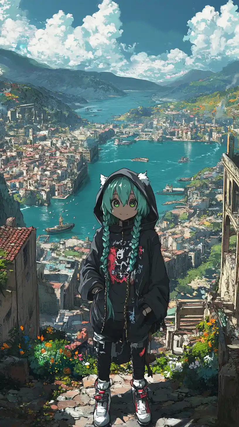 Anime girl in a ruined port city with hooded statue