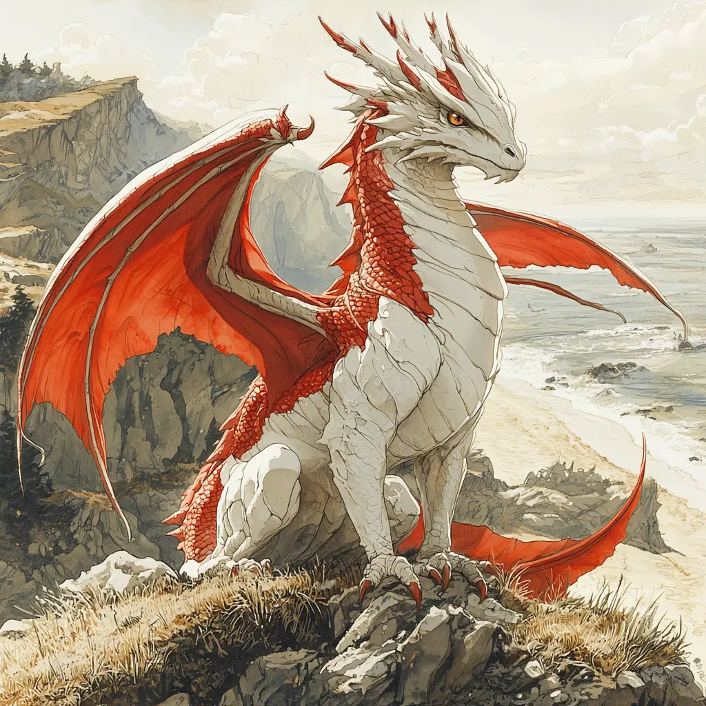 Red and white dragon on a grassy mountain above the sea