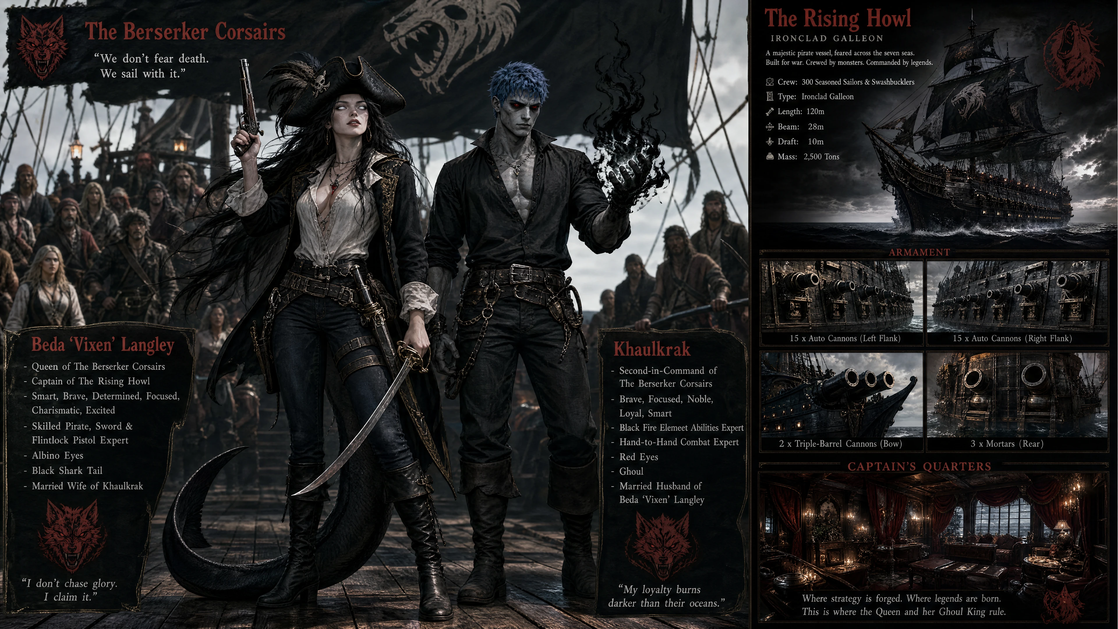 Fierce pirate queen with shark tail aboard an ironclad galleon