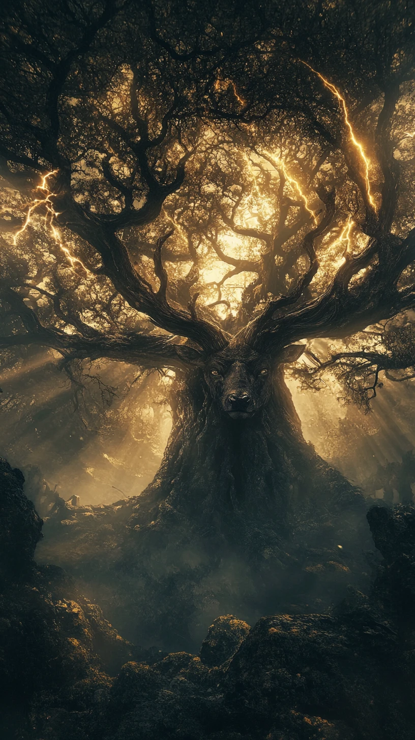 Massive oak tree rising into gothic arching antlers