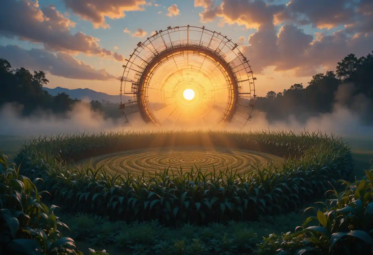 Mystical corn circle glowing in warm golden dawn light