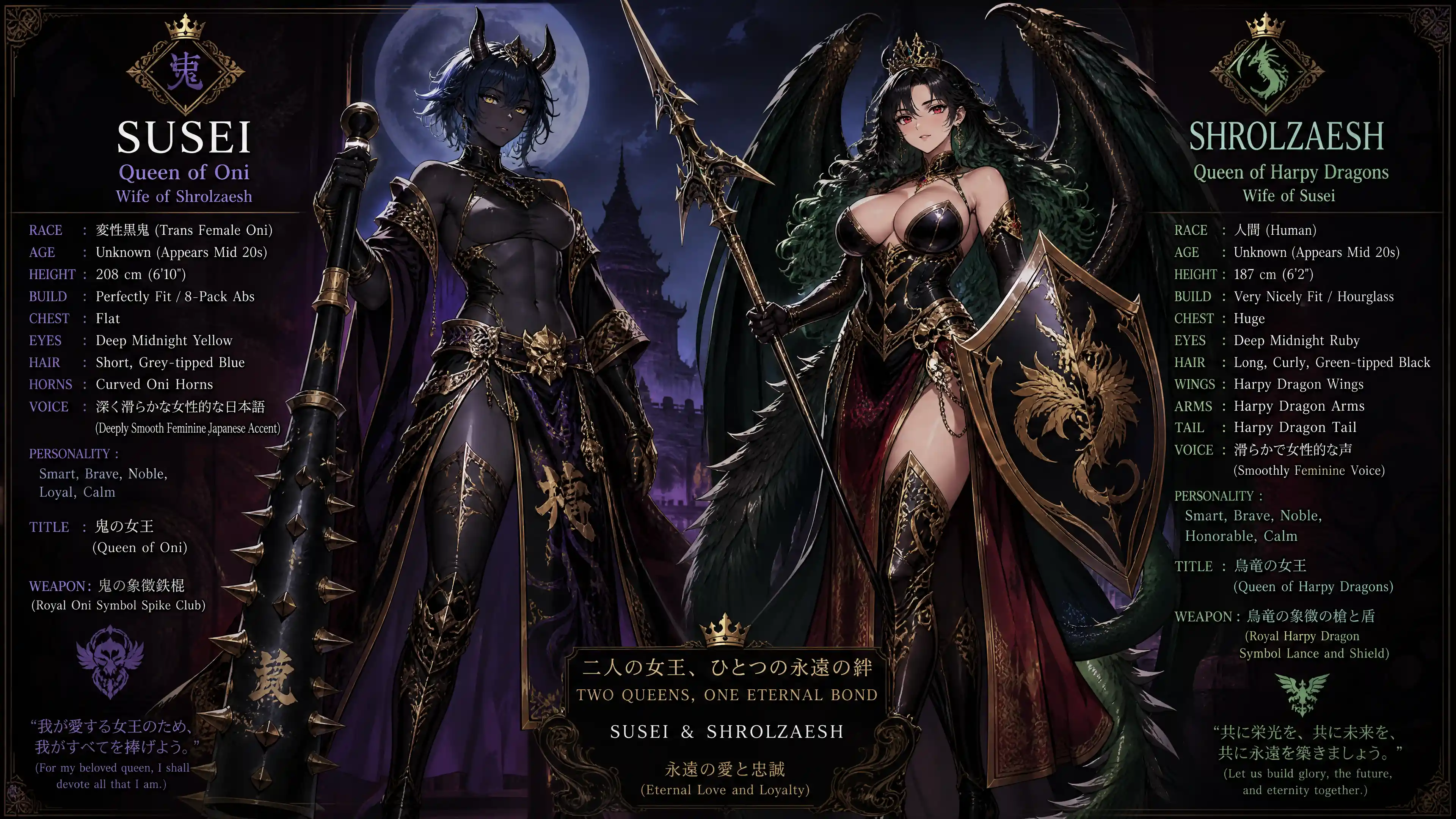 Regal oni queen with blue hair and royal garments