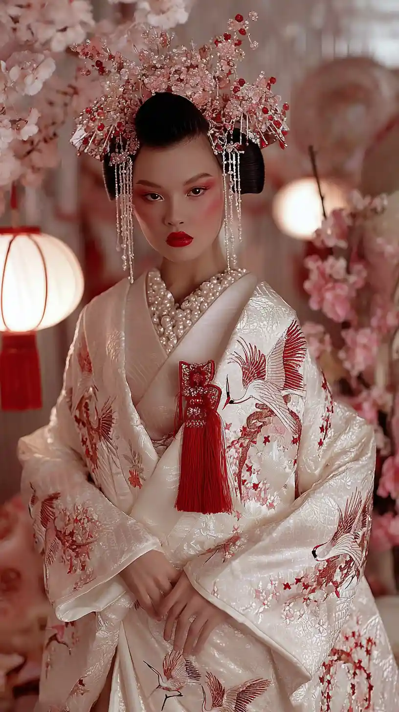 Couture geisha bridal portrait in layered white ceremonial kimono