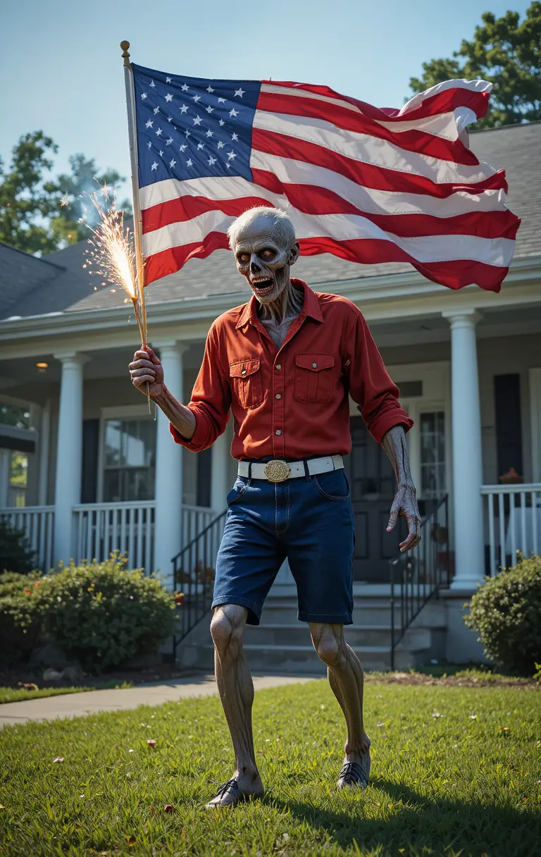 Zombie Celebrating Fourth Of July On Sunny Front Lawn