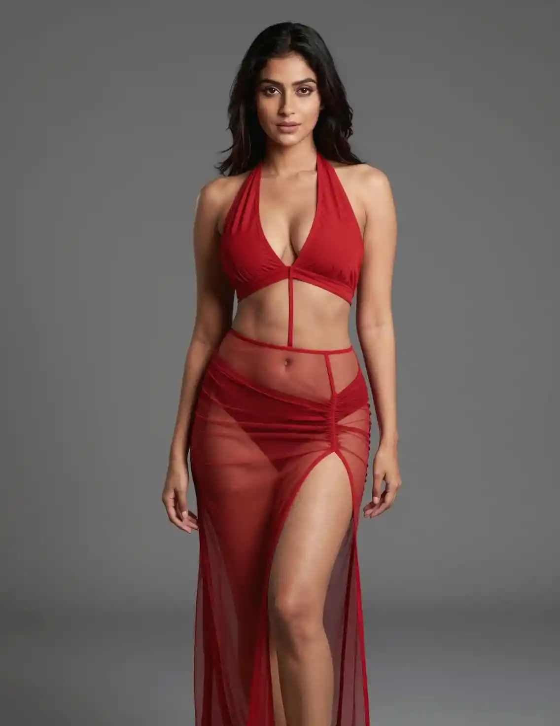 Full body South Asian woman posing in sheer red dress
