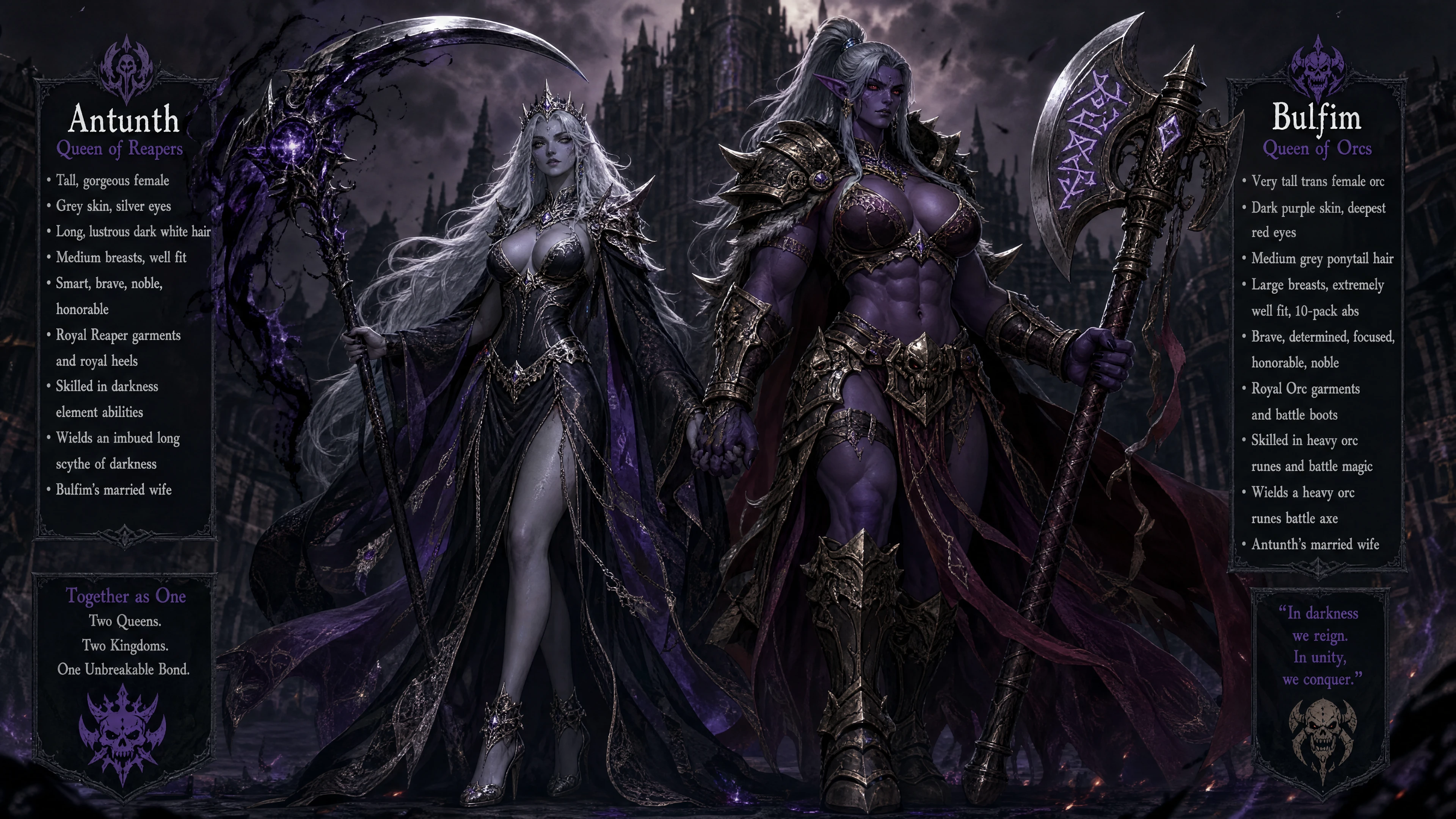 Tall grey skinned reaper queen with silver eyes and scythe
