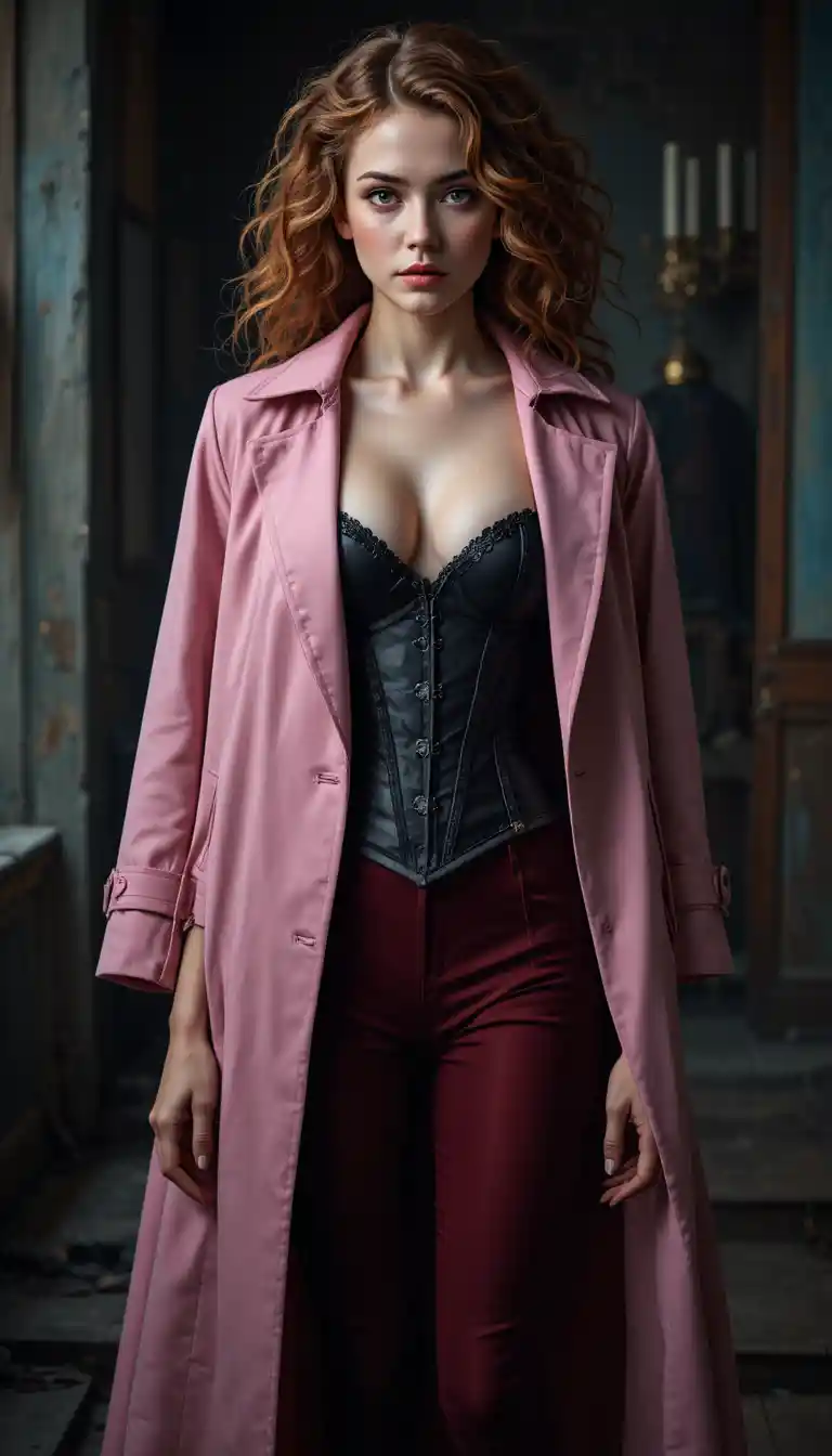 Young woman in pink trench coat dramatic full body pose