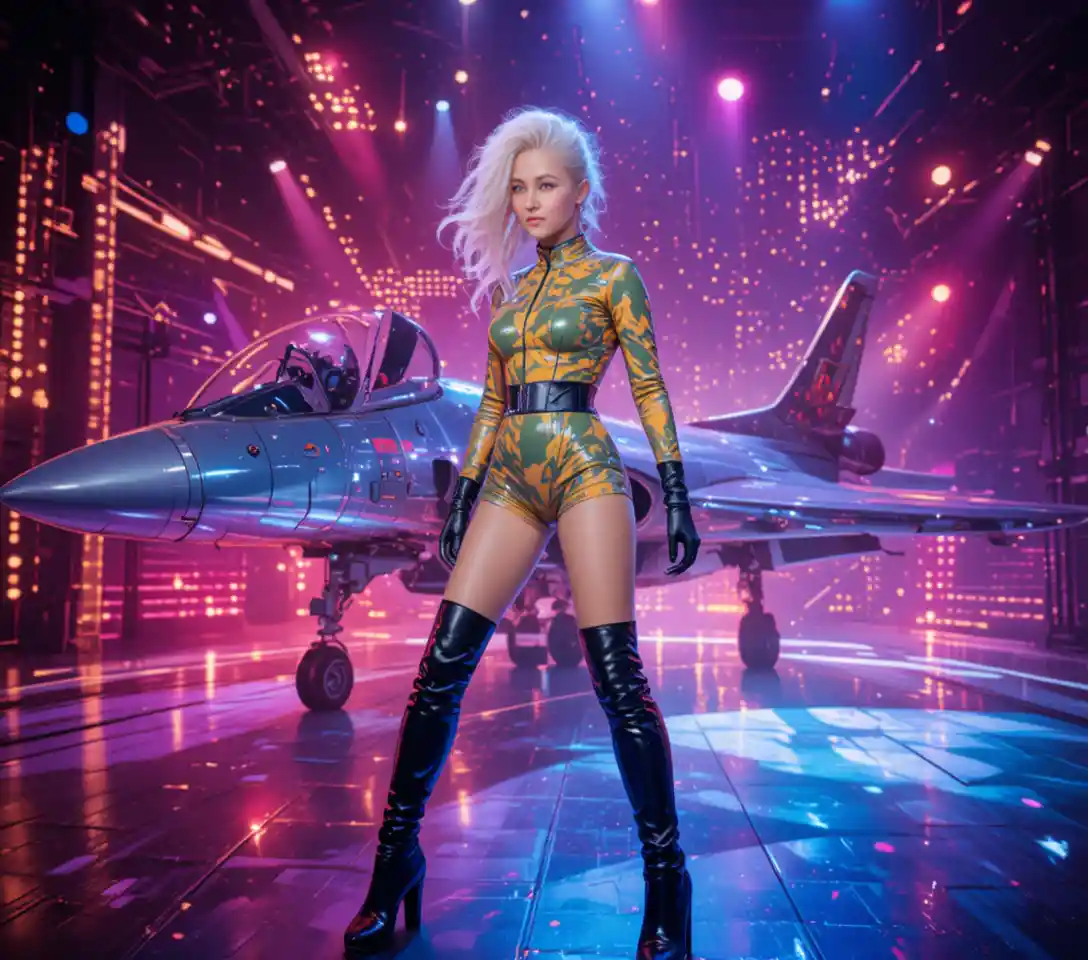 Camouflaged woman piloting starfighter cockpit on disco stage