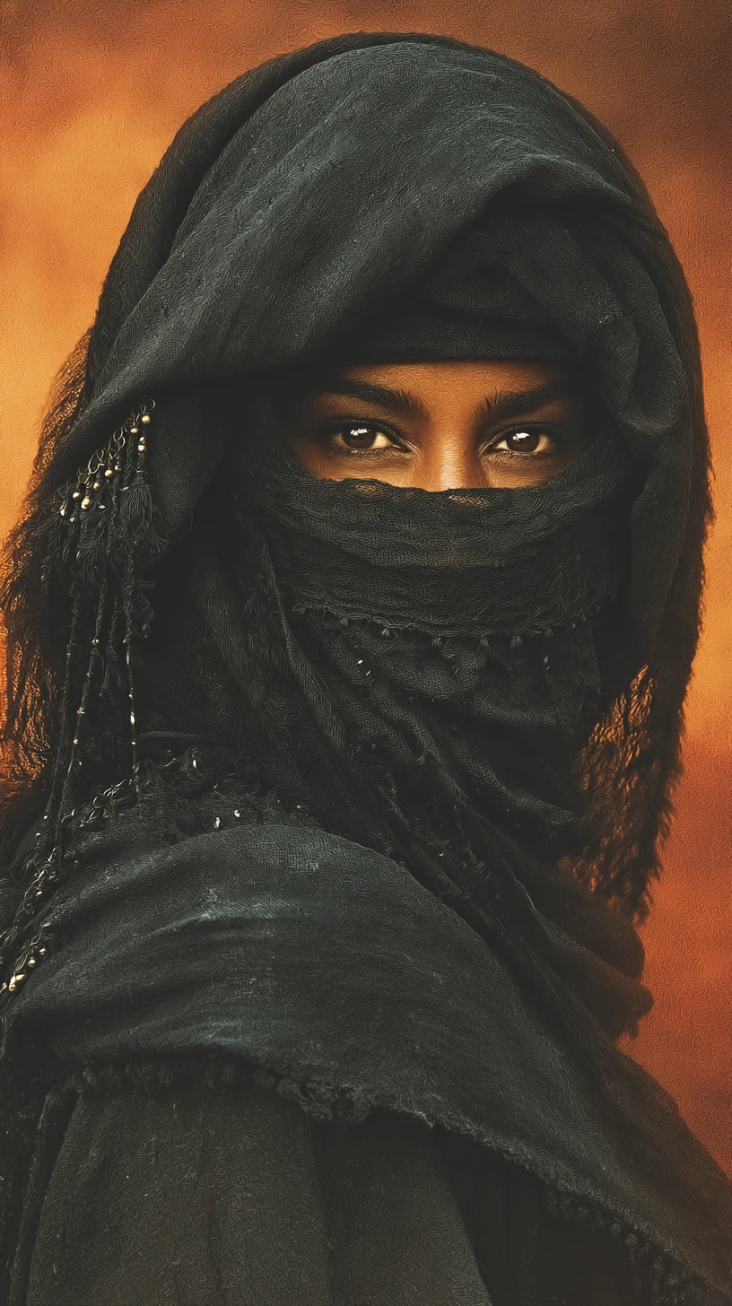 Bedouin woman riding a horse in windswept desert portrait