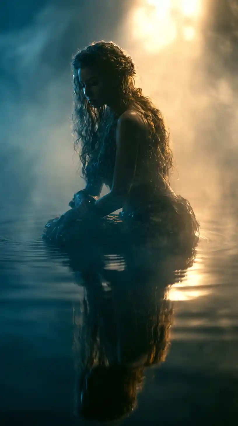 Mystical mermaid emerging from still water at dawn