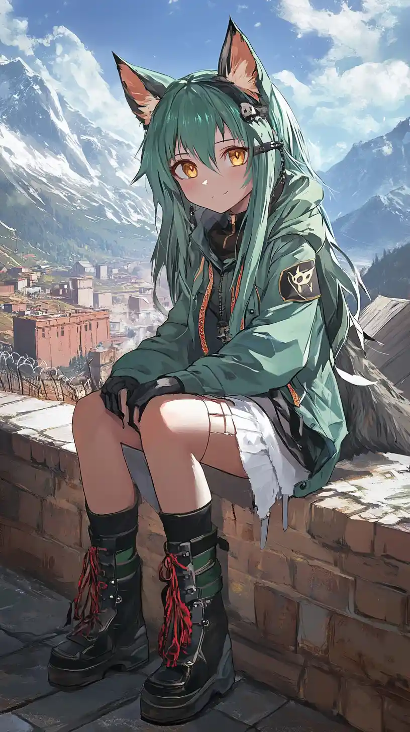 Green haired anime girl in hoodie at a mountain camp