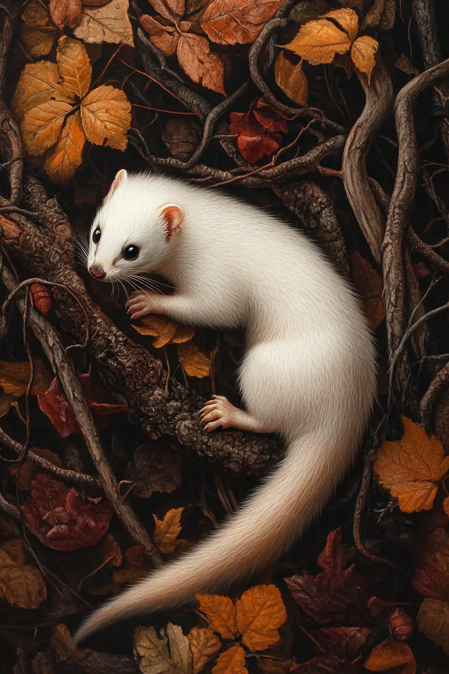 White ferret weaving swiftly through dense forest undergrowth