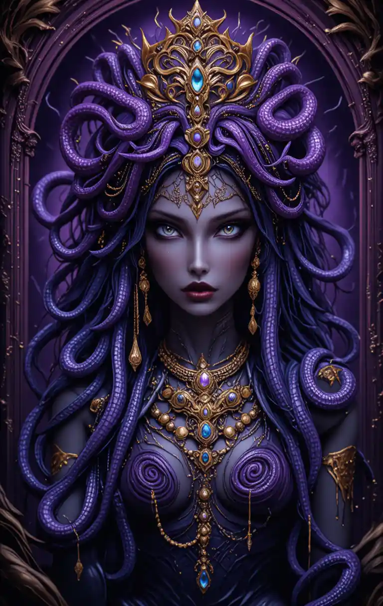 Undead gypsy pharaoh woman with slithering snakes and gold