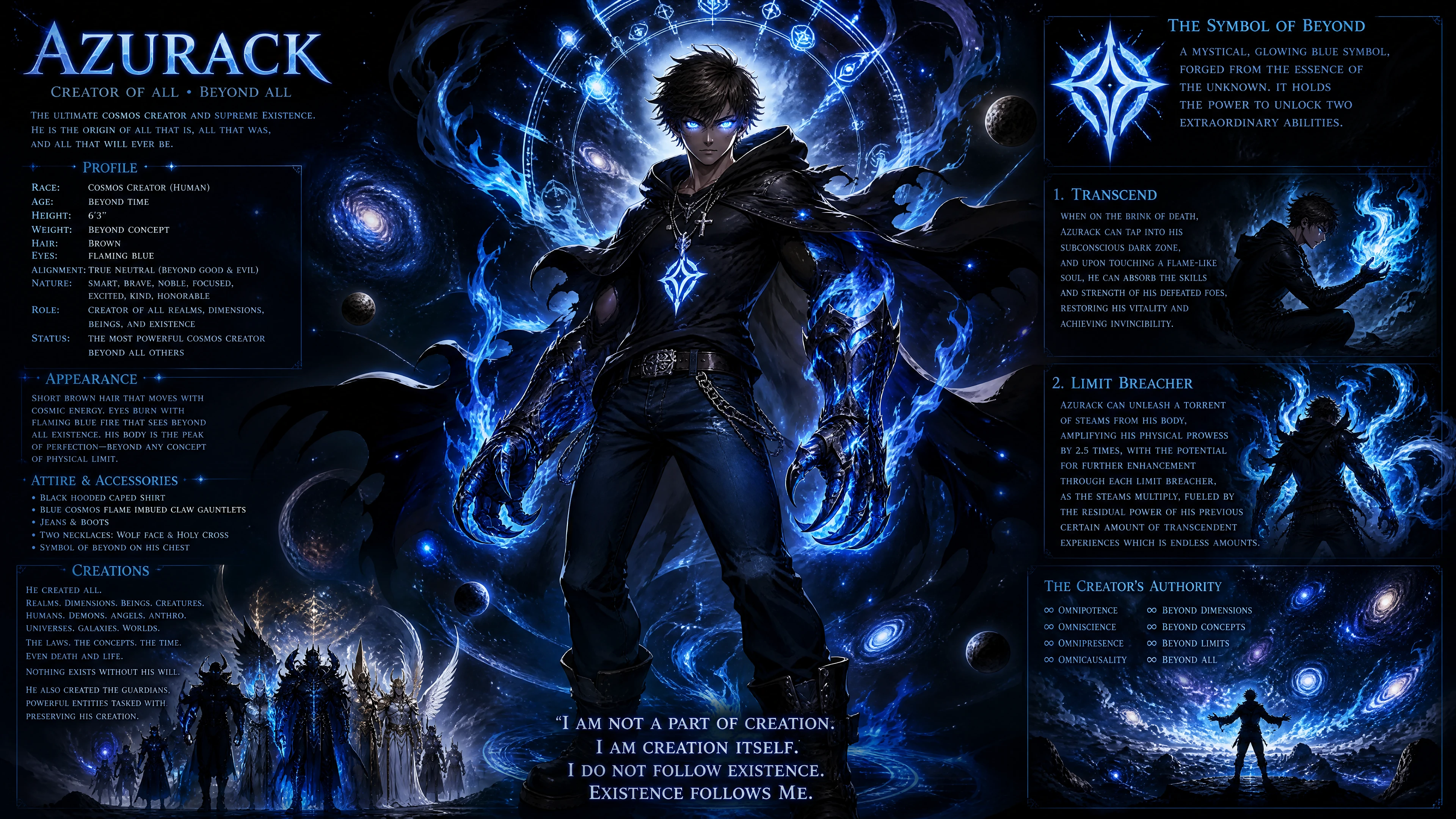 Cosmic creator man with glowing blue eyes and cape