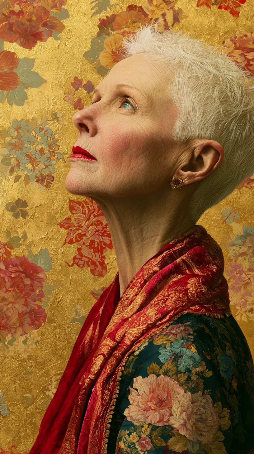 Woman with white hair against gold floral background