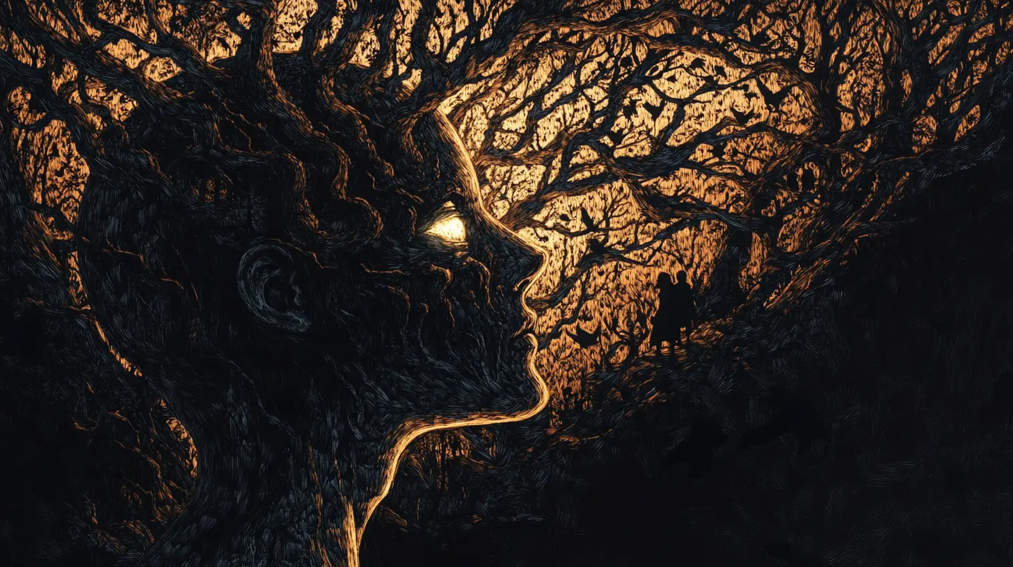 Human Silhouette Filled With Enchanted Forest And Hidden Faces