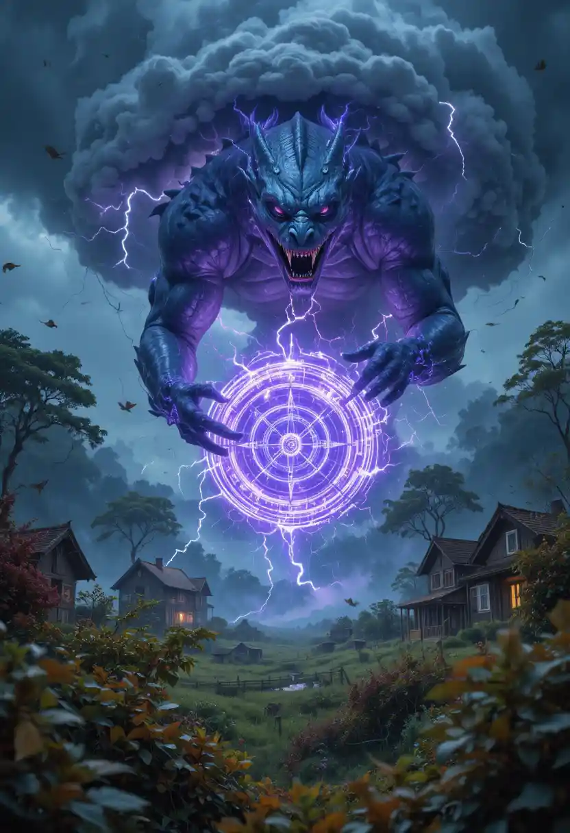 Ancient dragon summoning a raging violet thunderstorm