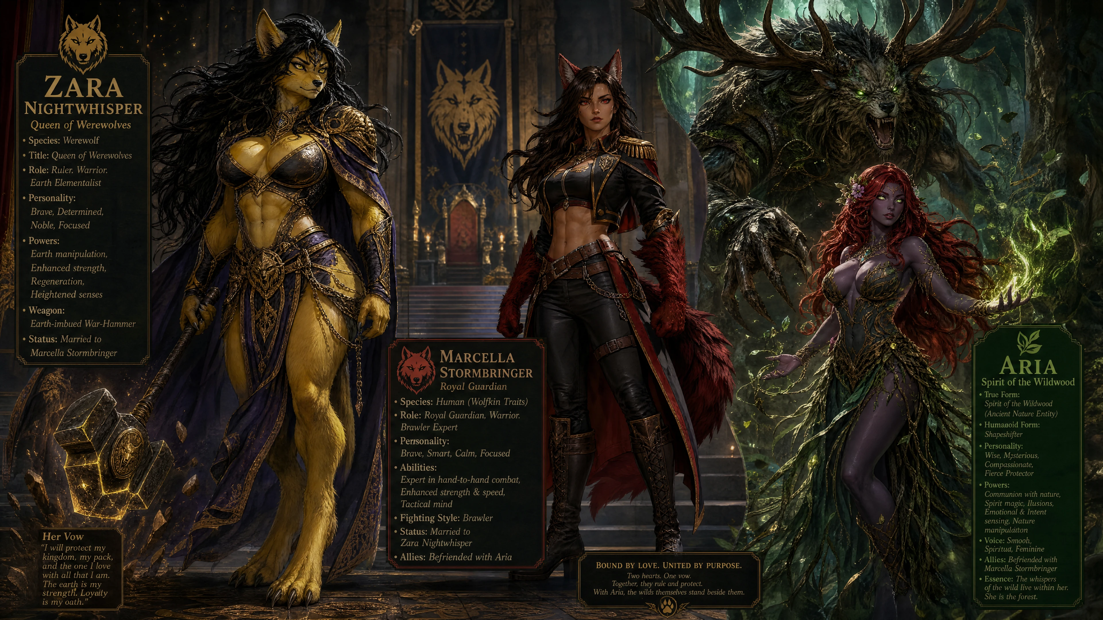 Regal werewolf queen wielding an earthbound war hammer
