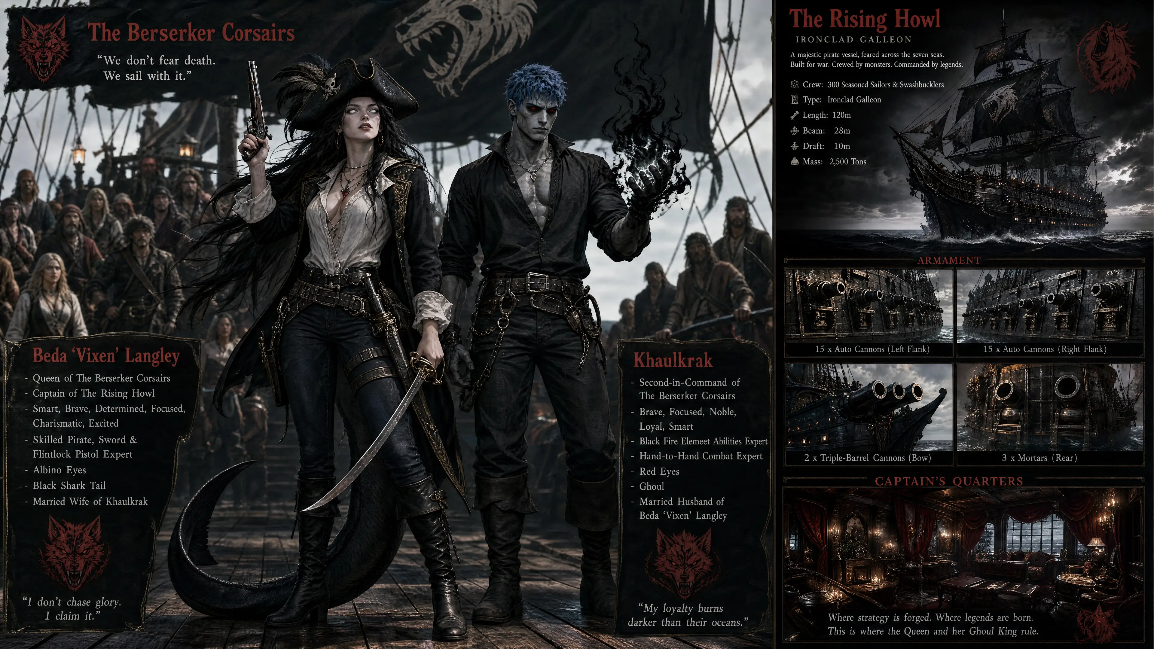 Fierce pirate queen with shark tail aboard an ironclad galleon