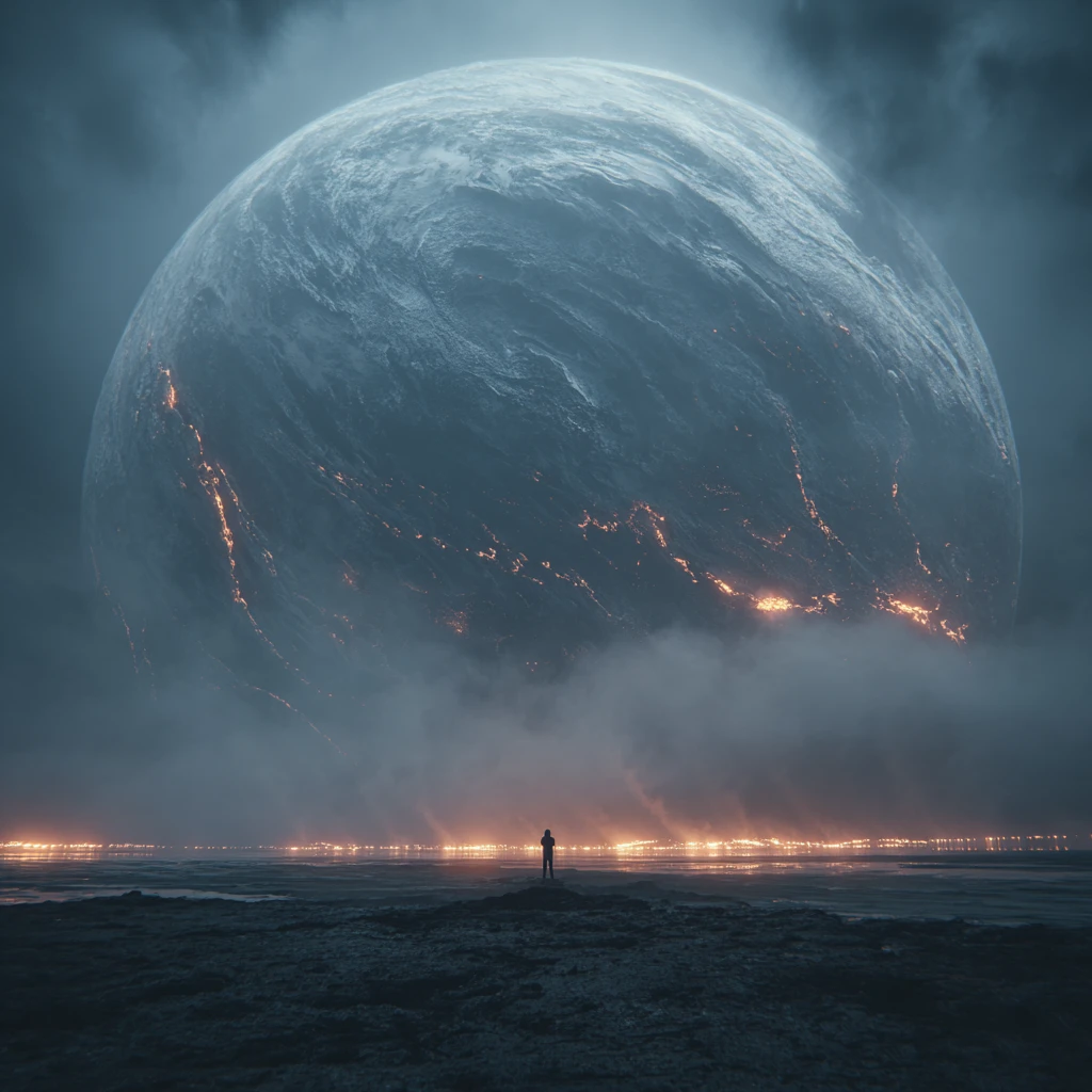 Lone figure beneath colossal alien planet in dark sky
