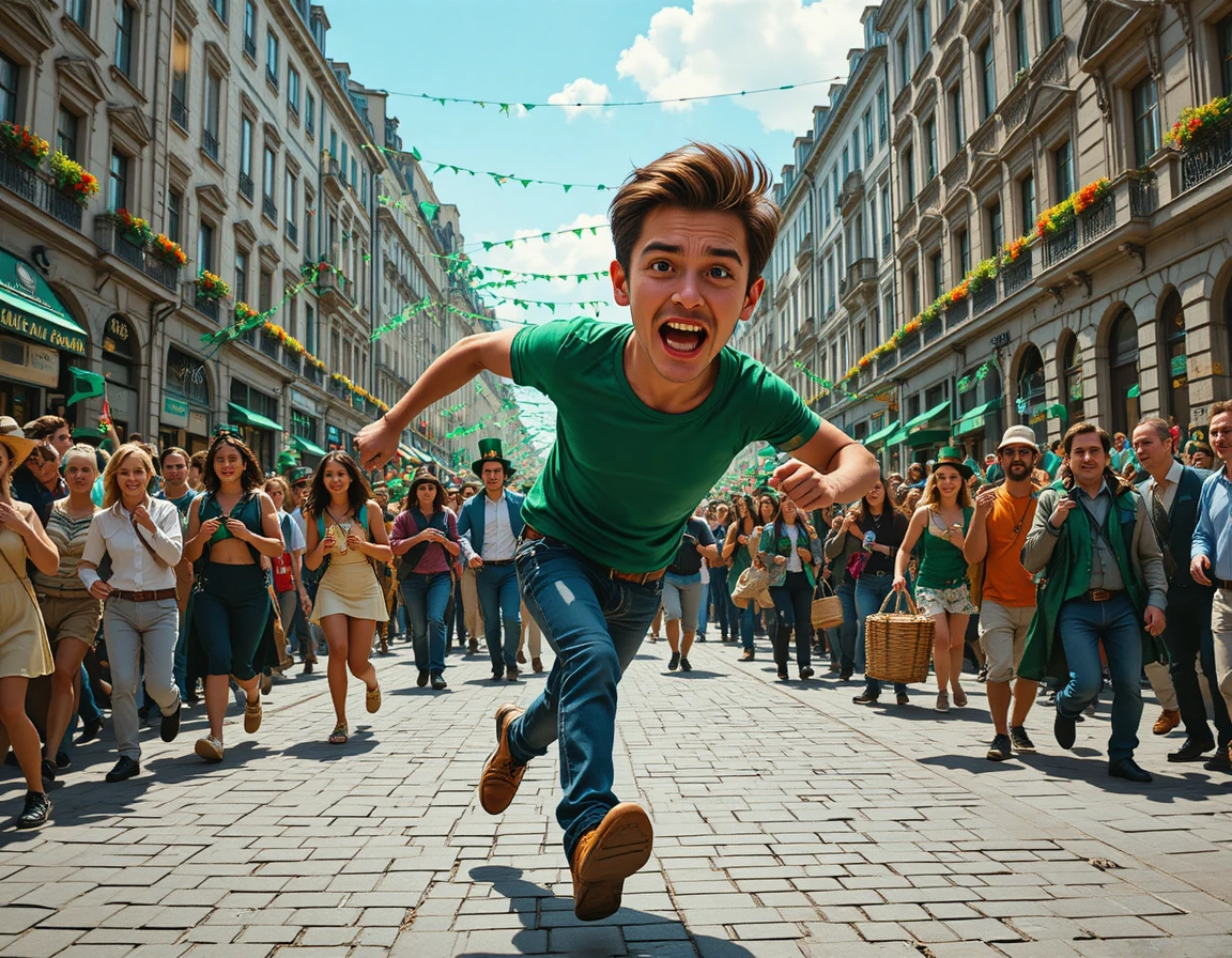 Young man running through crowded city street parade