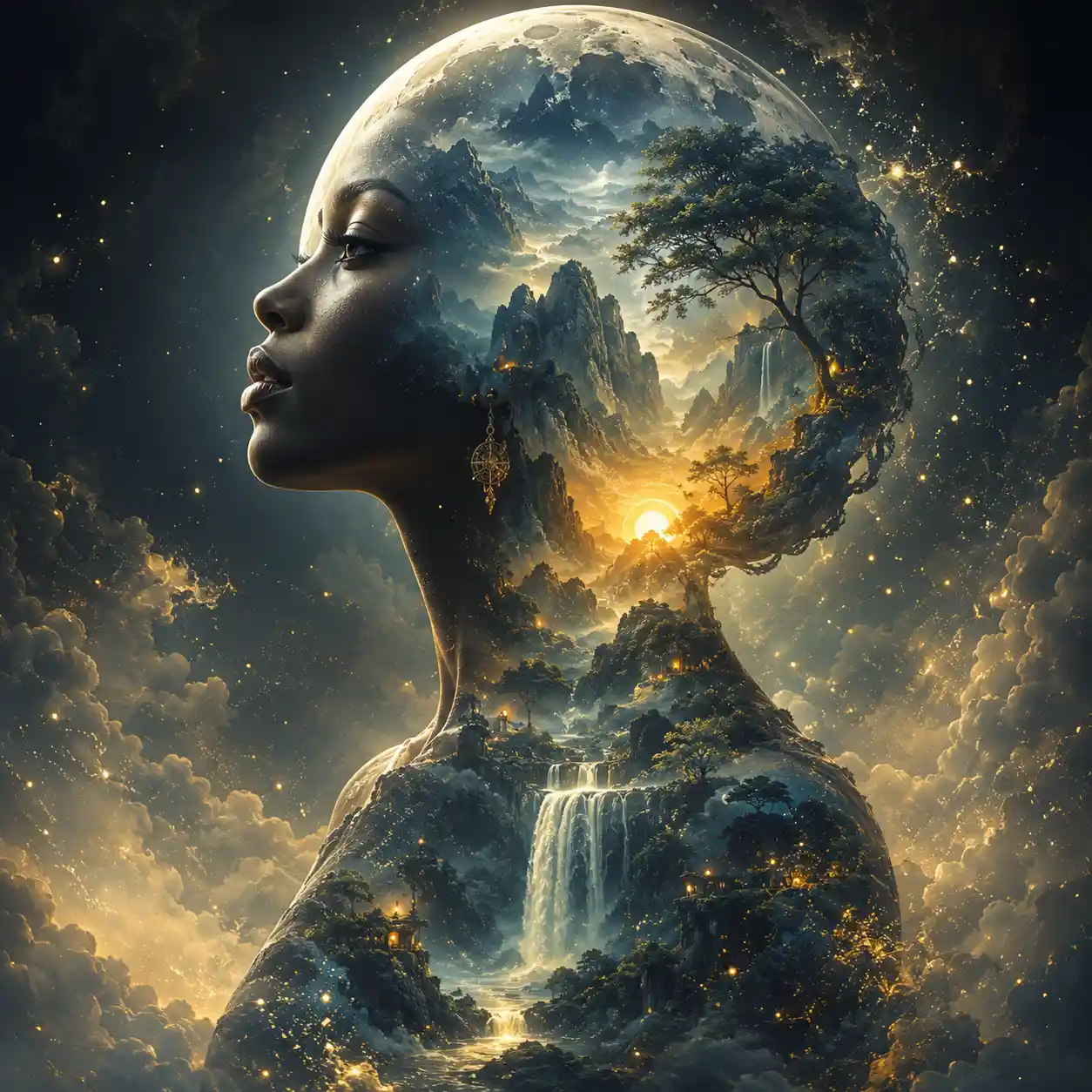 Surreal profile portrait of a woman with a moon head