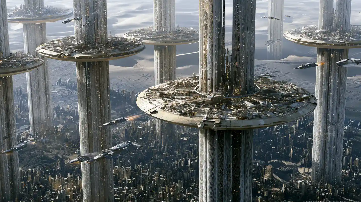 Futuristic cities on towering pillars above a toxic desert