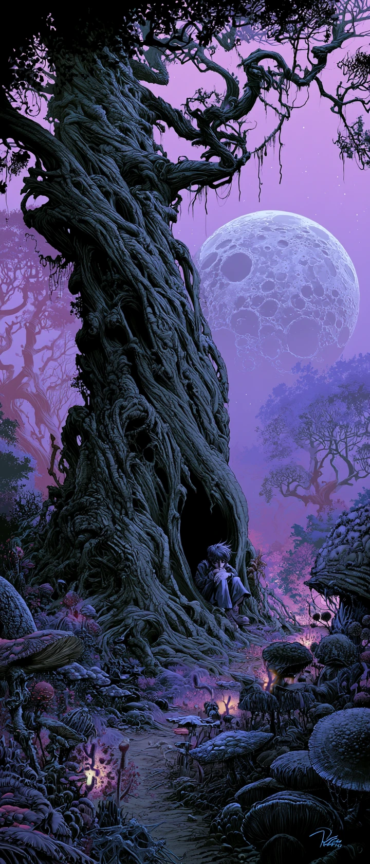 Sad anime girl in a twisted tree amid glowing forest