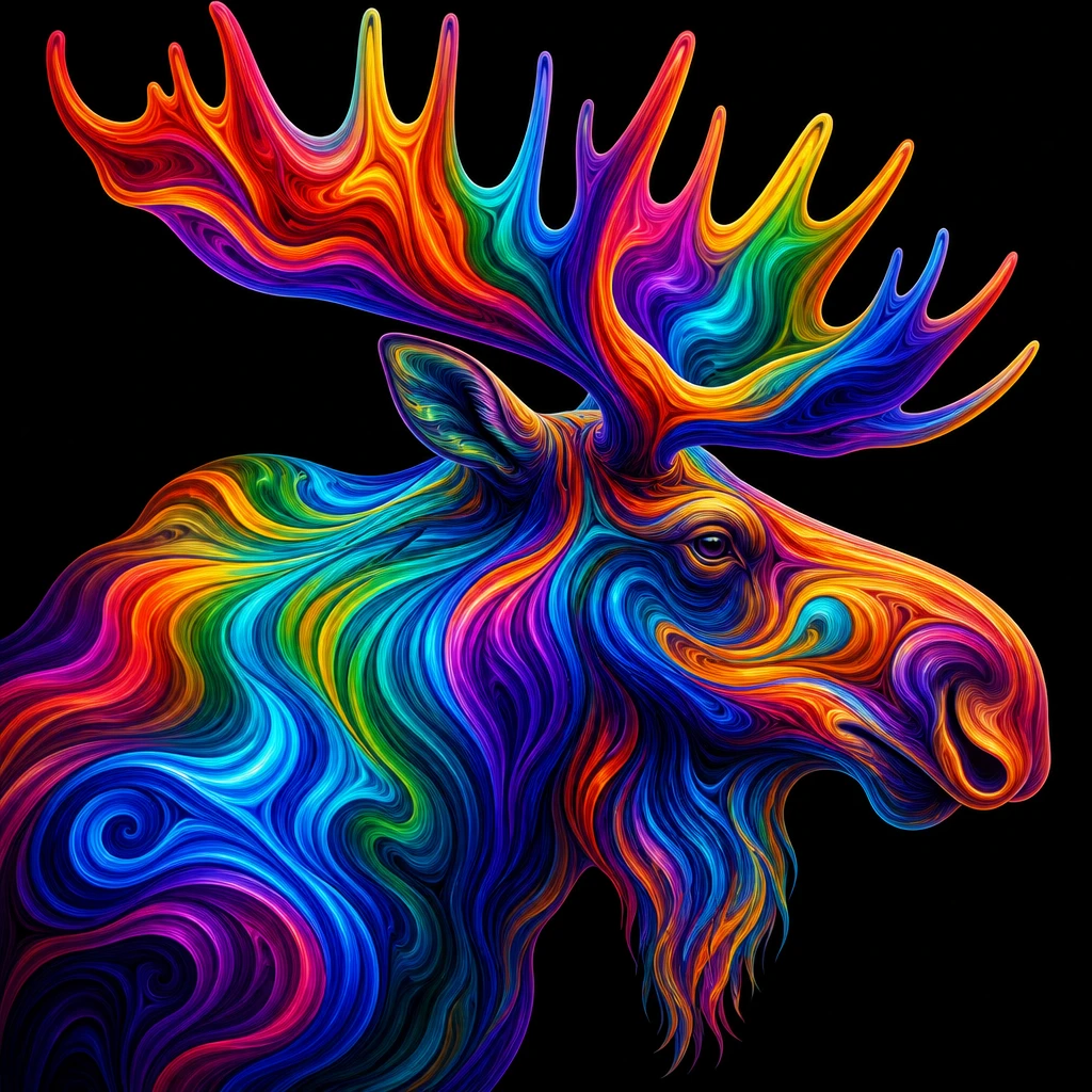 Psychedelic rainbow moose in flowing abstract profile