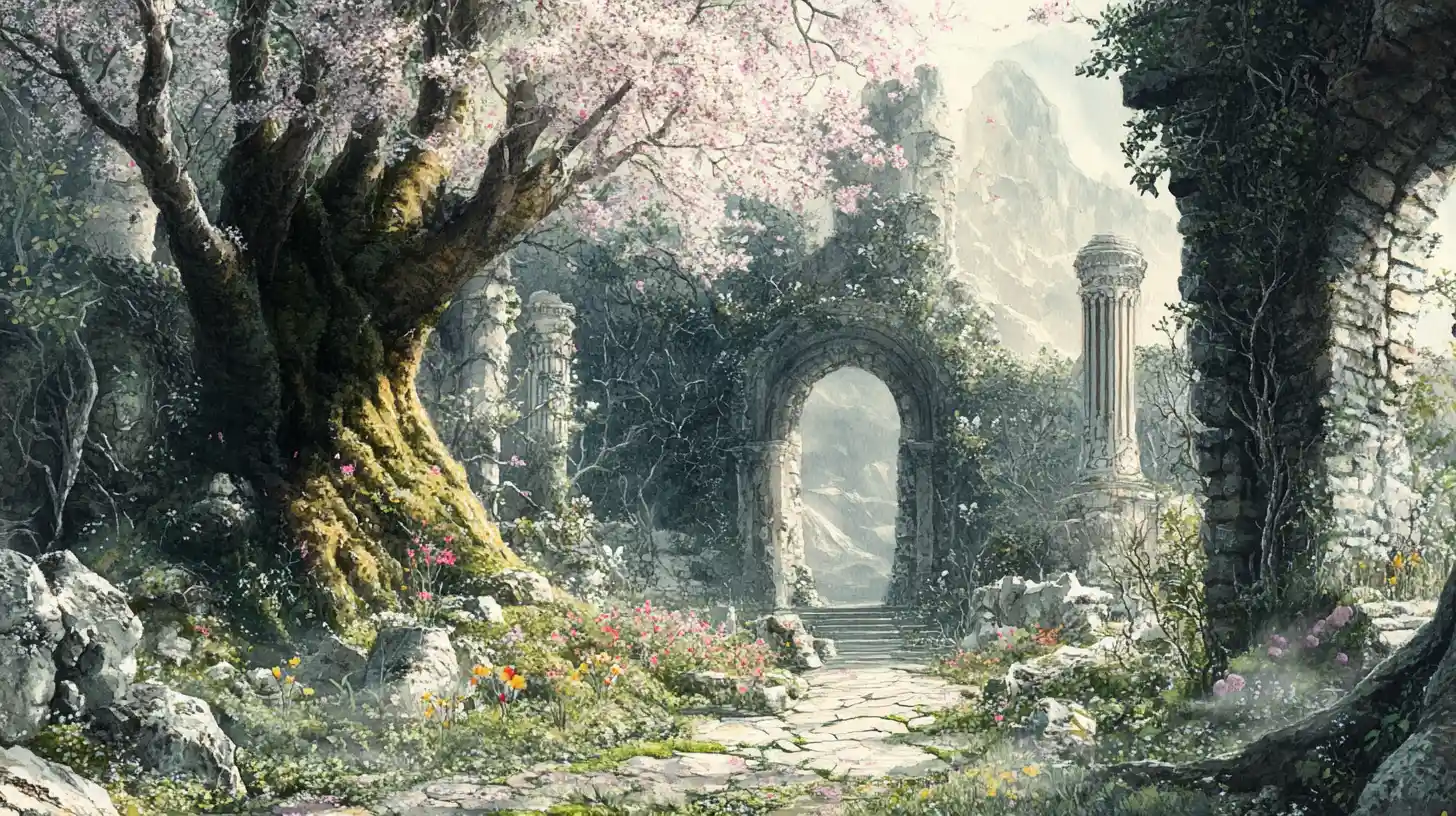 Ancient fantasy garden where trees embody different eras