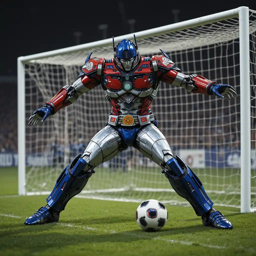Humanoid robot kicking a football toward the goal box