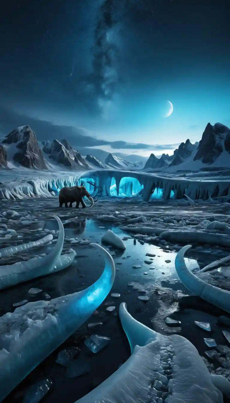 Ancient mammoth bones frozen in glowing glacier night