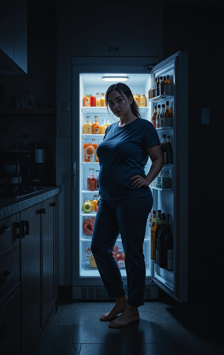 Man in dark kitchen lit only by open refrigerator