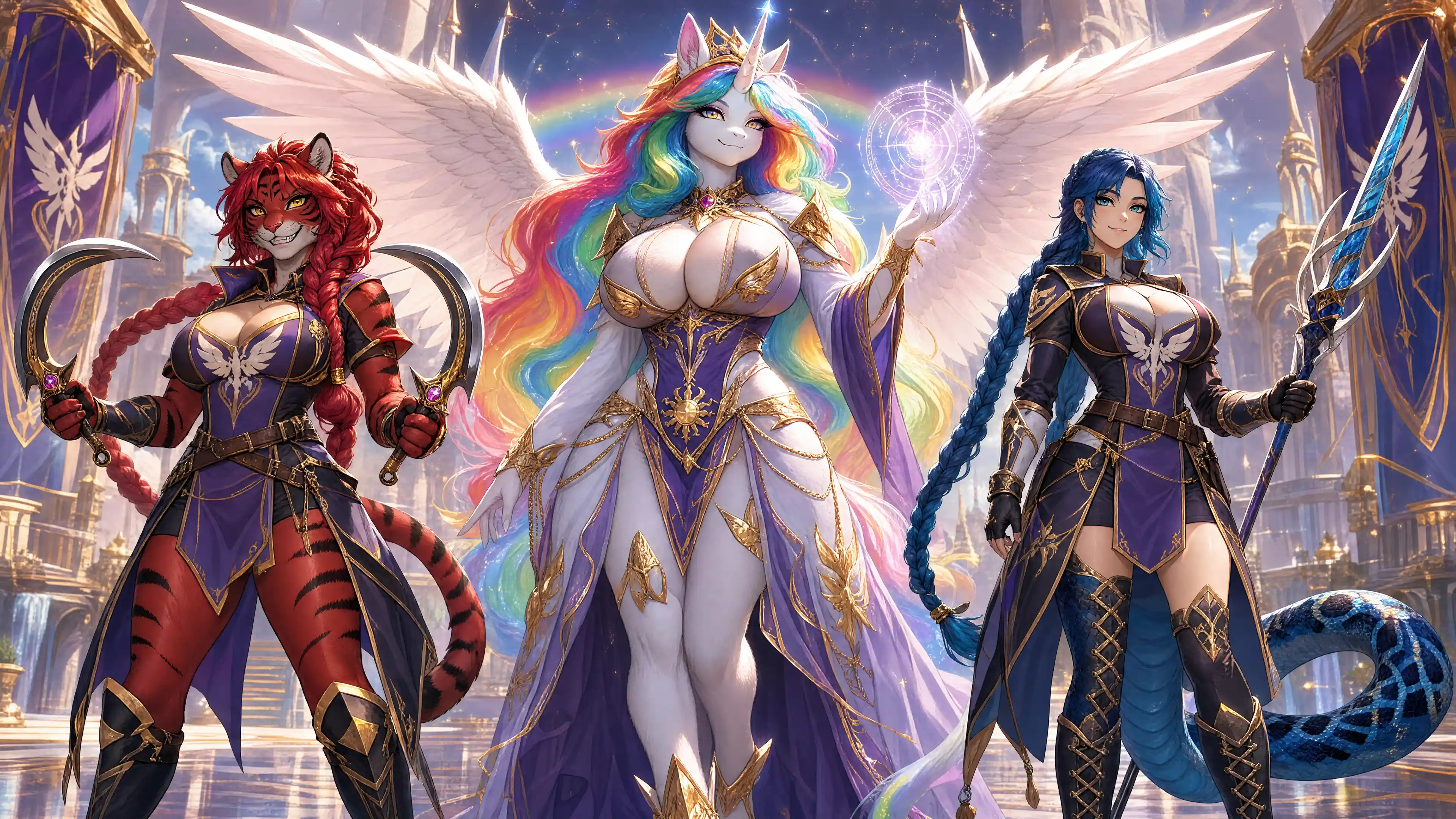Winged rainbow alicorn queen casting powerful magic