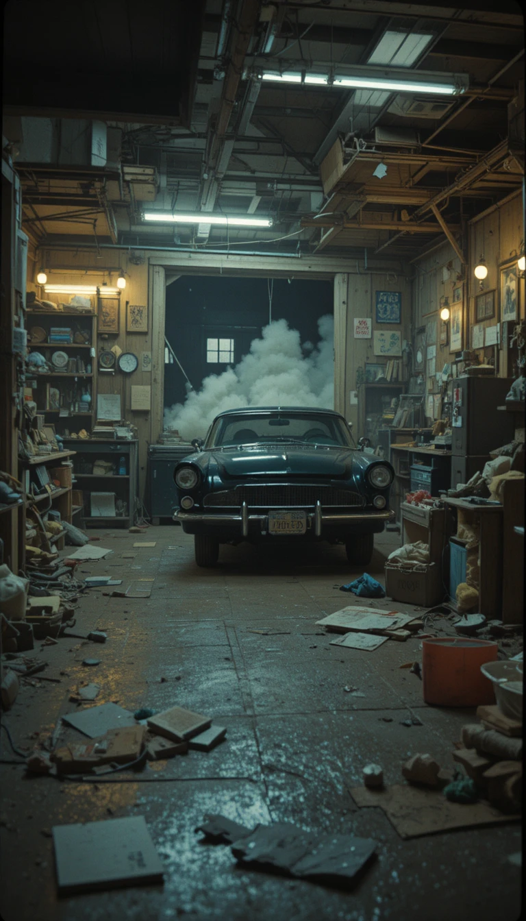 Vintage car parked inside a classic retro garage scene