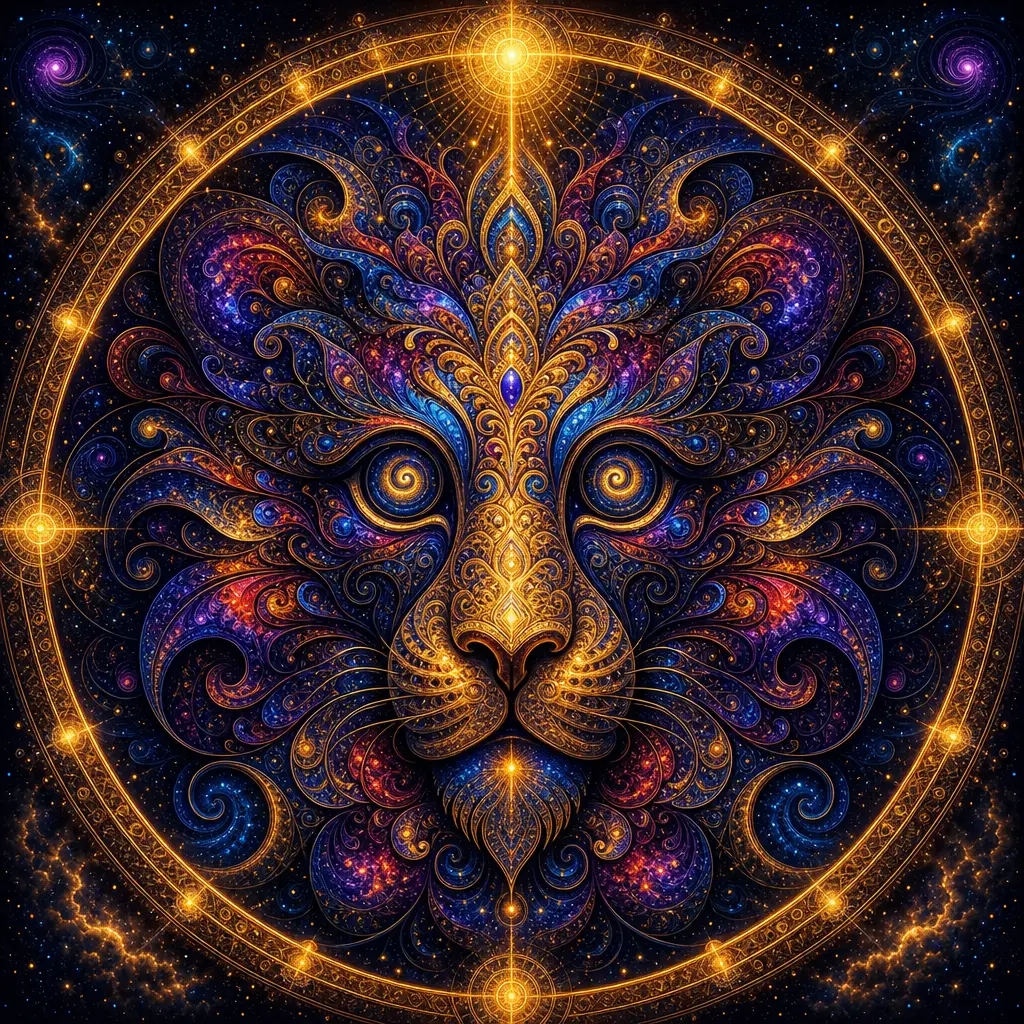 Psychedelic lion mandala with glowing cosmic symmetry