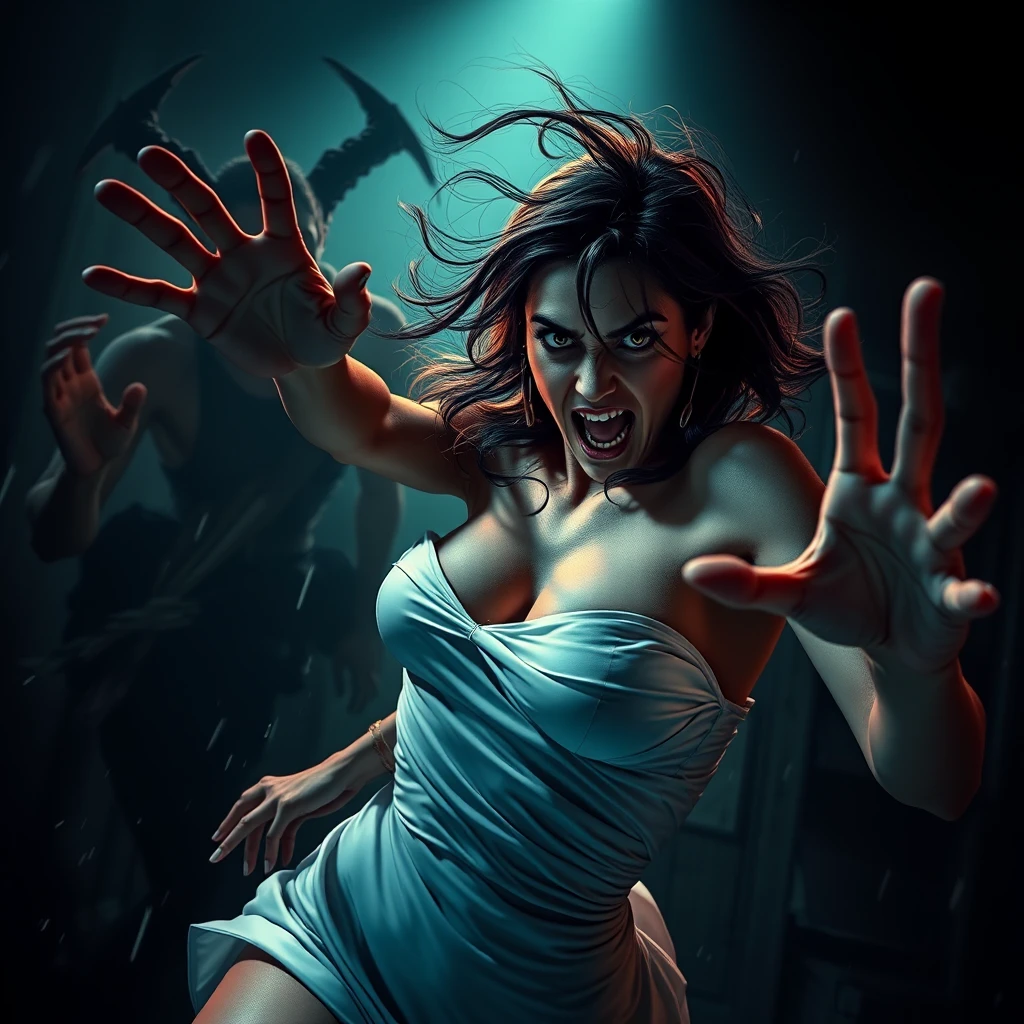 Surreal woman fleeing a looming shadow demon in darkness