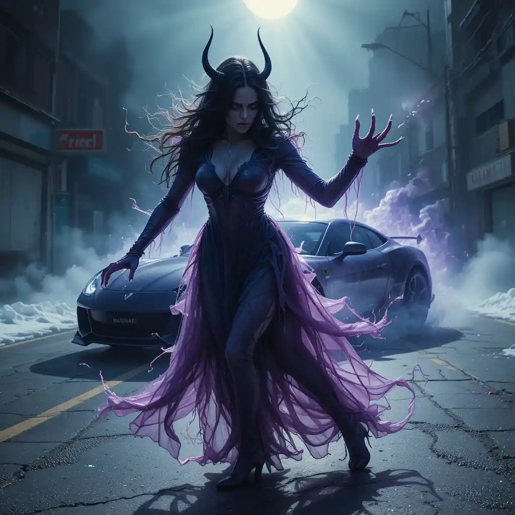 Shadow demon lunging in moonlit urban street scene