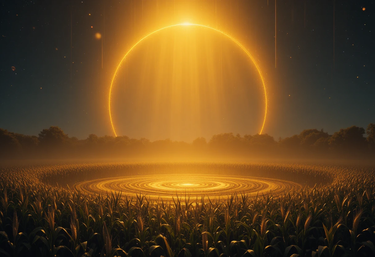 Mystical corn circle at dawn in soft golden light