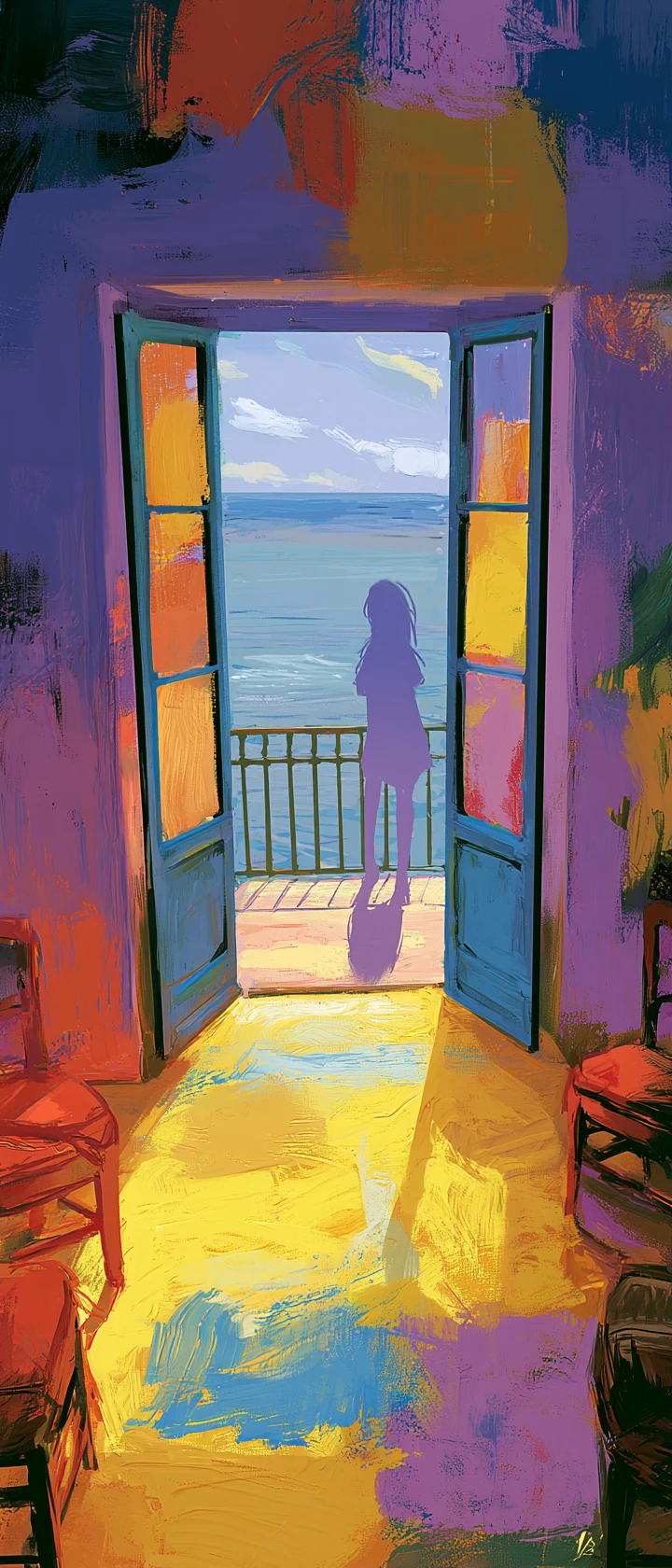 Anime woman in colorful room gazing through balcony window